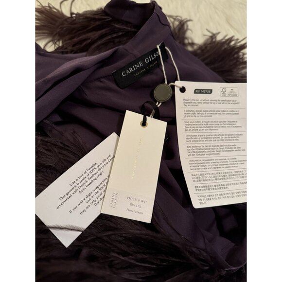 Carine Gilson New Feather Trimmed Silk Satin Robe Purple XL - Picture 5 of 7